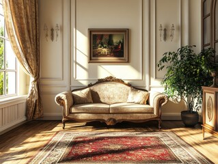 Luxurious, sun-drenched interior with antique sofa