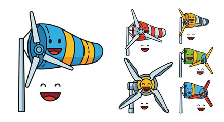 Cheerful Wind Sock Turbine Mascot Set Eco Energy Smile