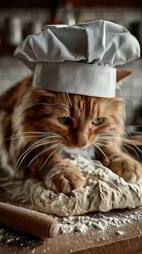 Adorable Cat Chef Kneading Dough in Kitchen &ndash; Funny Cooking Concept