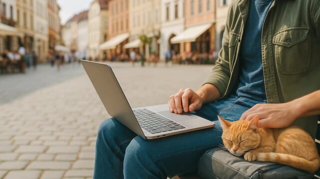 Man working on laptop outdoors in city square with sleeping cat on bag