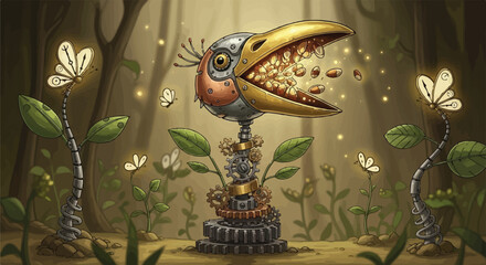 Clockwork Bird Sowing Mechanical Seeds Steampunk Fantasy