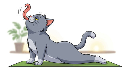 Comical Gray Cat Doing Intense Upward Facing Dog Lick