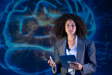 Researcher discussing the future of AI and its connection to the human mind at a technology conference.