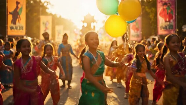 Children Marching with Balloons in Colorful Parade at Sunset