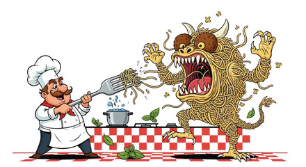 Culinary War Chef Fighting Scary Pasta Beast Vector Art