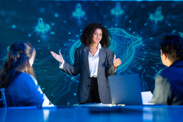 Cybersecurity expert leading a strategy meeting, presenting on data protection, network security, and privacy to her team.