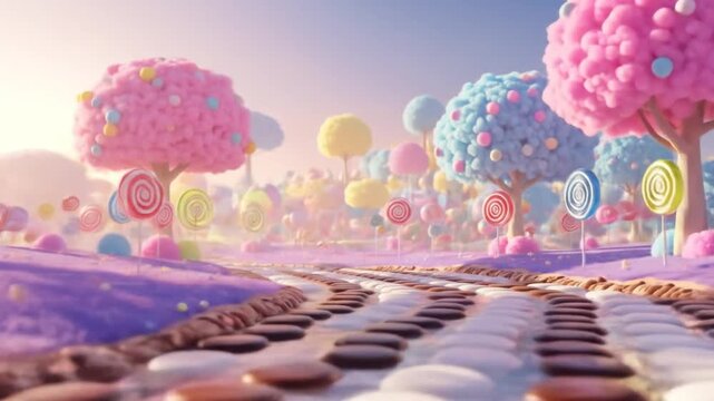 Colorful candy landscape with whimsical trees and lollipop pathways under a pastel sky