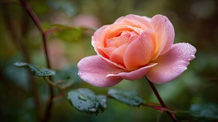 Single blooming rose showcases delicate pastel petals covered in morning dew drops