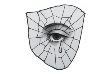 Broken eye drawing representing sadness and grief in shattered glass with a tear drop, transparent background