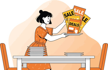 Woman in orange dress holding a tray of sales and deals flyers near a table with stacked plates and chairs 