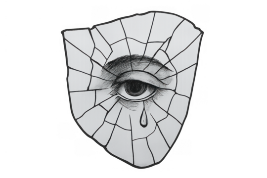 Broken eye drawing representing sadness and grief in shattered glass with a tear drop, transparent background