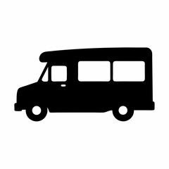 Simple black silhouette of a recreational vehicle or travel trailer on white