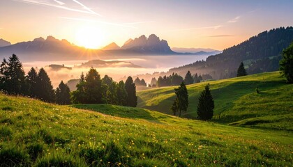 Fototapeta premium Golden Sunrise Over Rolling Green Hills with Misty Valleys and Jagged Mountain Peaks in the Distance with Scattered Wildflowers