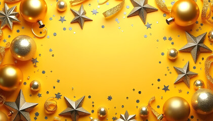 Fototapeta premium Festive golden decorations over yellow background, Christmas concept