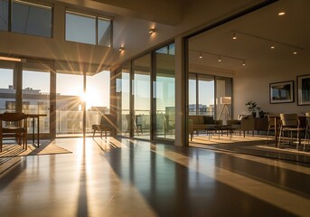 Fototapeta premium Sunlit modern apartment with large windows and cityscape backdrop