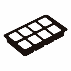 Silhouette image of an empty eight compartment ice cube tray on white