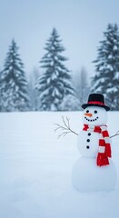 Obraz premium Winter Wonderland: Classic Snowman with Black Hat and Striped Scarf Standing in Peaceful Snow-Covered Field Surrounded by Evergreen Trees