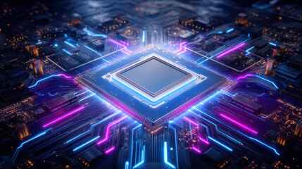 Glowing ai microchip core glowing circuit neon futuristic processor illuminated by blue and purple lights creating dynamic energy
