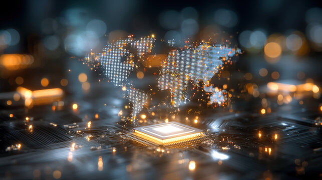 AI chip glowing on circuit board with dotted world map overlay conveying global data connectivity and futuristic digital intelligence