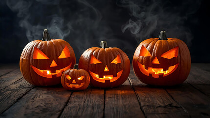 Obraz premium Three carved pumpkins glowing beside melted candles on a wooden floor, dark background with smoke.