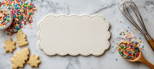 Cookie Baking Scene with Frame on Marble Table.