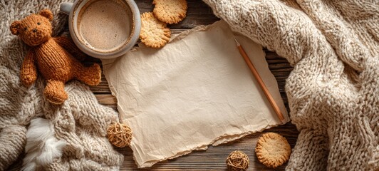 Cozy autumn mockup with coffee and teddy bear.