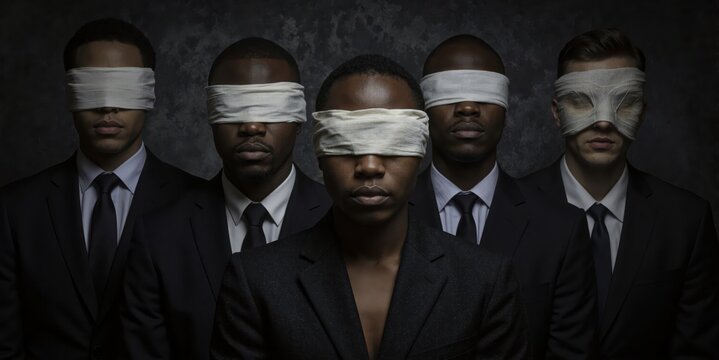 five men in suits with blindfolds on their faces