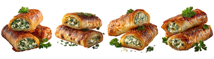 Fresh Rolled Börek Cut in Half Showing Feta Cheese and Parsley Filling, Isolated on Transparent Background