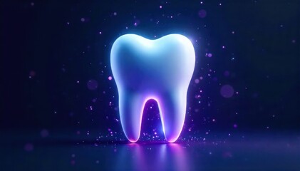 Abstract visualization of teeth whitening, gentle blue light cleaning tooth surface, subtle dissolving stains, professional dental care. Abstract 3D render glowing sapphire blue light particles