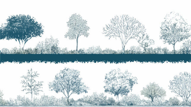 Una collezione artistica di alberi e arbusti stilizzati in design vettoriale orizzontale, ideale per sfondi naturali e progetti grafici contemporanei.