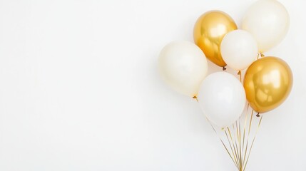  cluster of elegant white and gold balloons against a plain white background, perfect for celebrations and festive occasions.