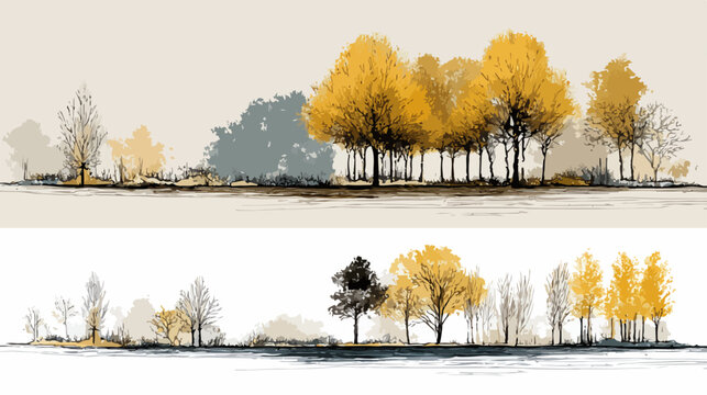 Una suggestiva illustrazione vettoriale di un paesaggio autunnale con alberi dalle foglie dorate, perfetta per sfondi decorativi e design grafico.