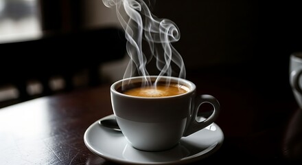 Captivating Steam Rising from Hot Coffee Cup, Cozy Morning Ambiance.