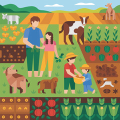 Fototapeta premium Diverse farm scene with people and animals tending to crops and gardens farming agriculture