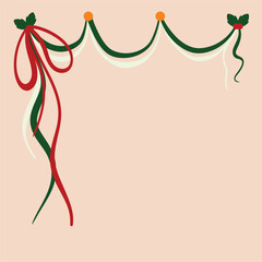 Vector Christmas ribbon garland with bow and festive decoration frame border