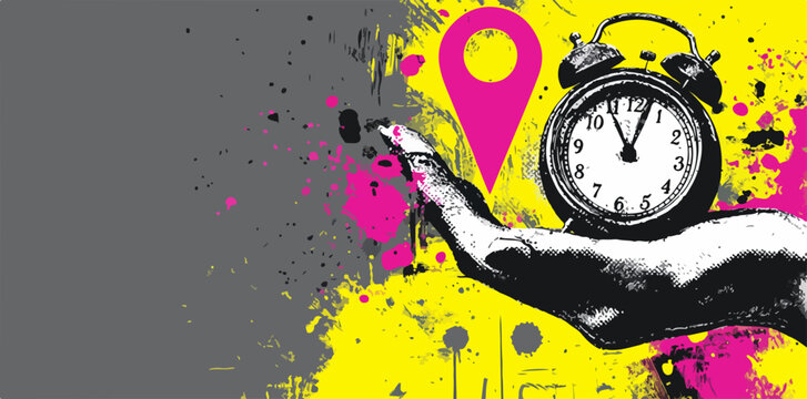 Una mano stilizzata tiene un orologio e un segnaposto su uno sfondo grunge astratto, simboleggiando la gestione del tempo e la localizzazione creativa. - Powered by Adobe