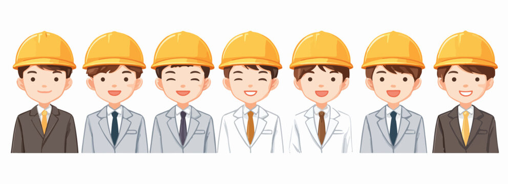 Gruppo di ingegneri sorridenti con caschi gialli, pronti a lavorare insieme.