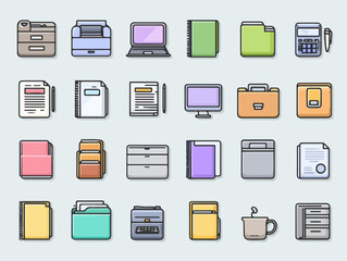 Icone piatte e colorate per ufficio, un set di elementi grafici per il lavoro e la produttivit&agrave;.