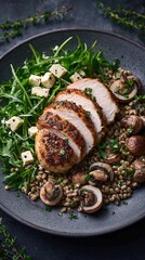 Grilled Chicken Breast with Greens and Mushrooms on Plate