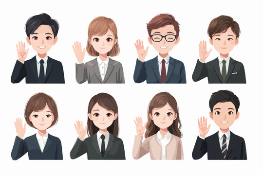 Gruppo di professionisti in abiti eleganti che salutano con la mano, pronti per il successo aziendale.