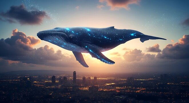Celestial Whale Soaring Above Cityscape at Sunset, Dreamlike Fantasy.
