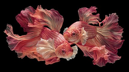 Two Colorful Betta Fish Swimming in a Dark Background