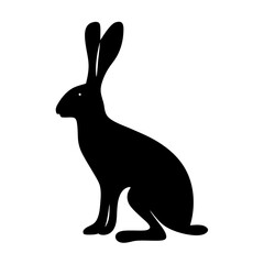 A sleek black silhouette of a watchful hare against a white backdrop