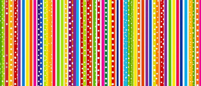 Sfondo astratto a righe multicolori con pois bianchi e quadratini, ideale per design.