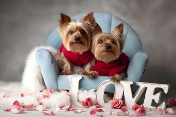 Adorable yorkshire terrier dogs wearing red sweaters sitting together on a light blue chair surrounded by rose petals and the word love