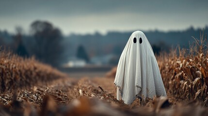Spooky Ghost Figure in Cornfield on Halloween Eve