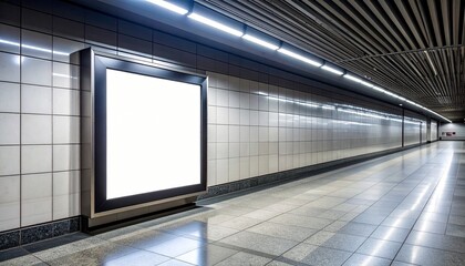 Blank Billboard in Modern Subway Station Tunnel with White Tiles and Reflective Floor.