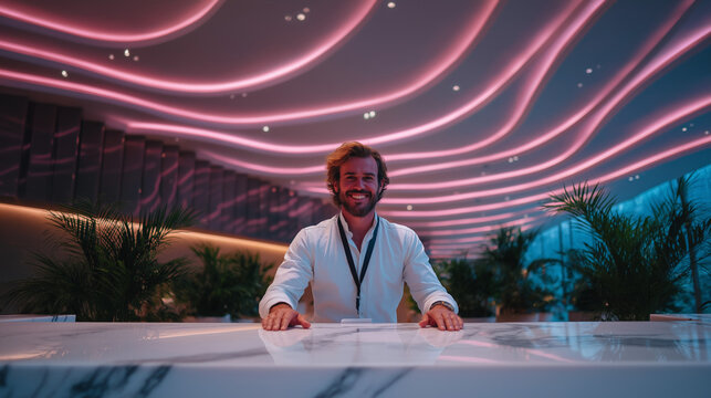 Smiling professional: A sophisticated professional, radiating confidence, poses behind a minimalist counter in a modern, architecturally impressive interior, illuminated by a dynamic light display. 