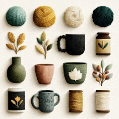 Assortment of Cozy Autumn Hues Yarn Balls Mugs Vases and Jars on Textured Background