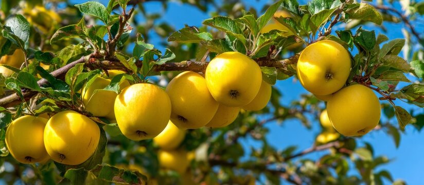 Yellow apples ripening on apple tree branch in orchard
